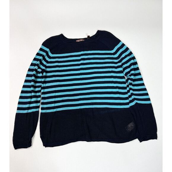 525 America Sweater Top Womens Medium Blue Striped Stretch Rayon Net Shoulders - Picture 1 of 10